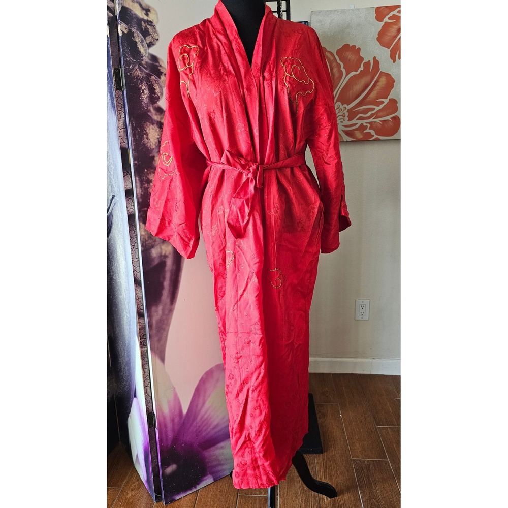 Vintage Red Satin Kimono Robe Gold Dragon Embroidery Long Loungewear Dress - Picture 2 of 13